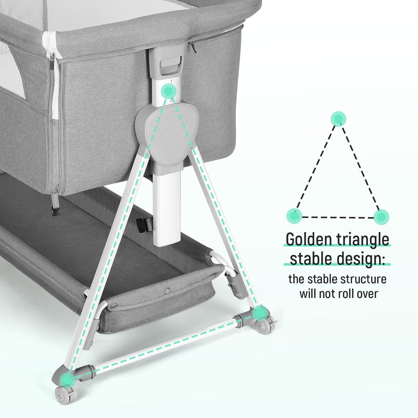 Cowiewie Bassinet Bedside Sleeper, Baby Bassinet with 7 Adjustable Height, Bedside Bassinet for Baby with Storage, Breathable Mesh & Mattress, Portable Bassinet Easy Folding (Pyramid Light Gray)