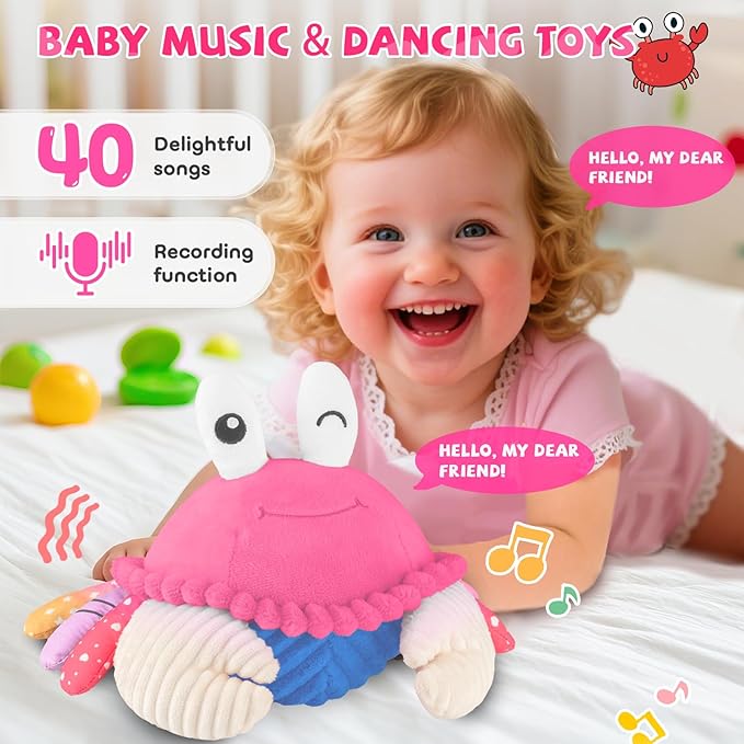 SAIMAND Pink Crawling Crab Baby Toy - Rechargeable Musical Plush Toys with 40 Songs & Voice Recorder, Sensory Toy for Infant Tummy Time, Soft Toy for 12-18 Months Girl, Gift for Toddlers 1-3