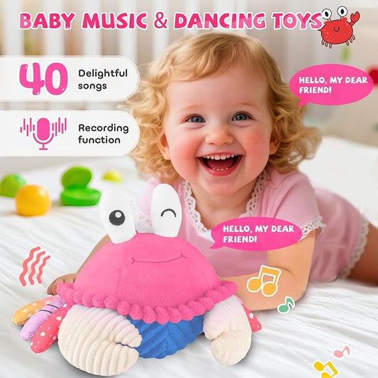 SAIMAND Pink Crawling Crab Baby Toy - Rechargeable Musical Plush Toys with 40 Songs & Voice Recorder, Sensory Toy for Infant Tummy Time, Soft Toy for 12-18 Months Girl, Gift for Toddlers 1-3