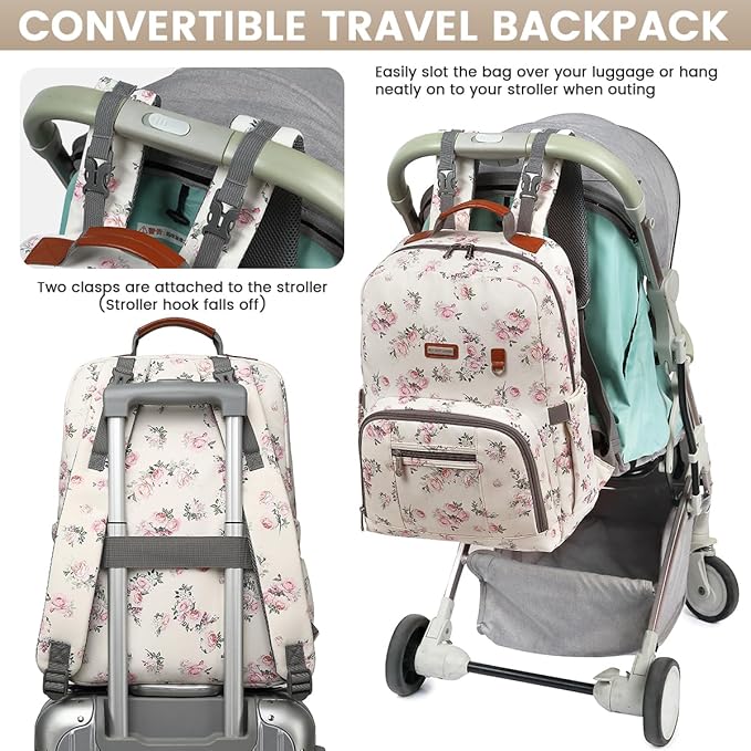 Diaper Bag Backpack, Large Baby Nappy Bags with Portable Changing Pad for Boys and GirlsMultifunction Travel Baby Bag for Moms Dads, Shower Gifts Waterproof and Stylish，Flower Beige