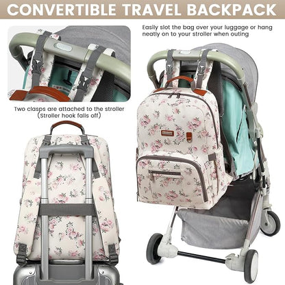 Diaper Bag Backpack, Large Baby Nappy Bags with Portable Changing Pad for Boys and GirlsMultifunction Travel Baby Bag for Moms Dads, Shower Gifts Waterproof and Stylish，Flower Beige