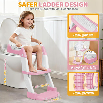 Orzbow Potty Training Seat | Upgrade Toddler Potty Training Toilet with Step Stool, 2-in-1 Stability Toilet Seat for Boys Girls | with Splash Guard, Anti-Slip Pad, Ladder, and Height Adjustable, Pink