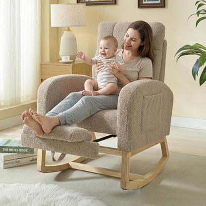 NIOIIKIT Modern Nursery Rocking Chair, Teddy Upholstered Rocking Chair with Footrest, Comfortable Rocker Recliner with Side Pocket, Rocker Glider for Living Room, Bedroom, Nursing Room (Apricot)