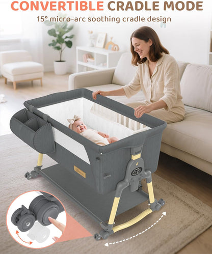 BIERUM Baby Bassinet Bedside Crib - 4 in 1 Bassinet Bedside Sleeper with Wheels, Mattress and Breathable Sides, 7 Height Adjustable, Stable and Secure Crib for Newborns