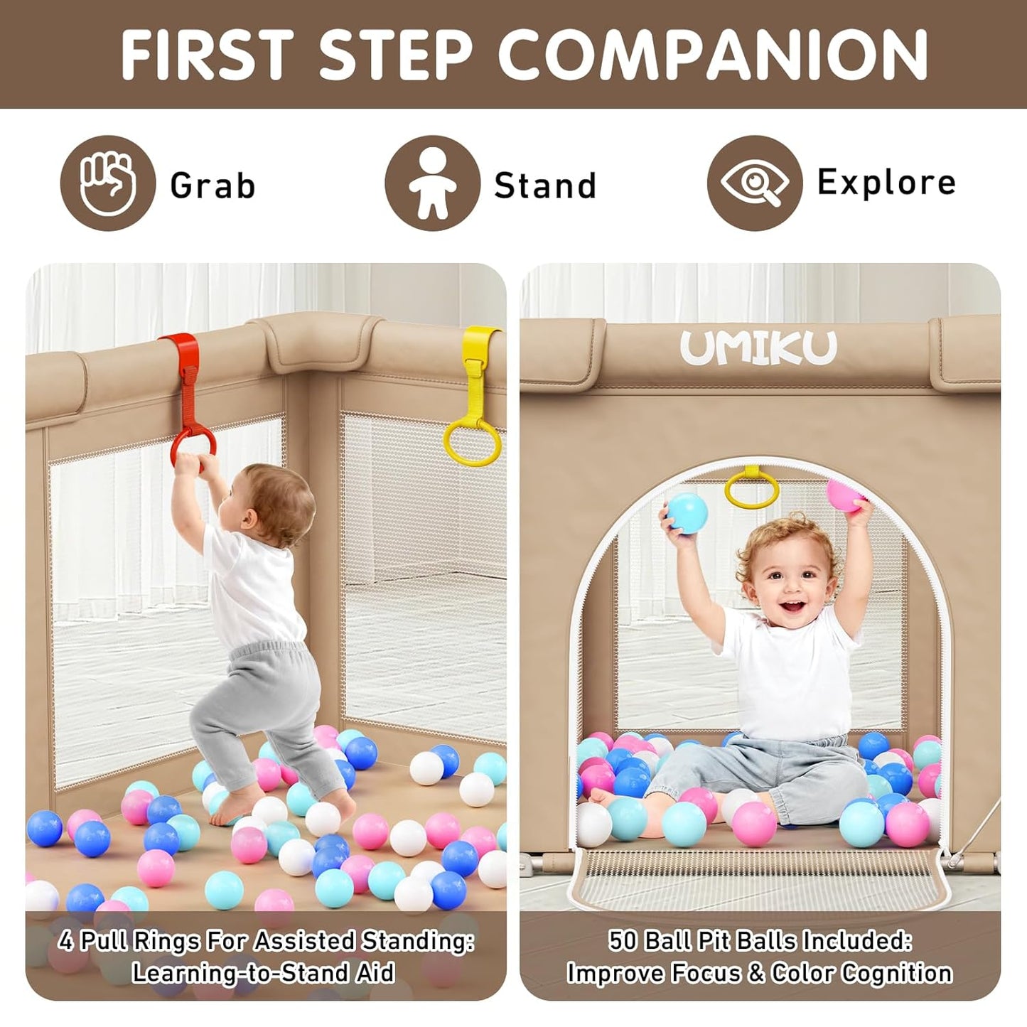 Baby Playpen Foldable Playpen for Babies and Toddlers, Large Playpens Portable Play Pen Play Yard for Kids Fence Indoor Outdoor Travel 4 Handlers 50 Balls Baby Gifts Essentials 50"X50" Dark Grey