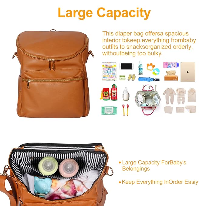 Minsong Diaper Bag Backpack,Fashion Leather Mommy Backpacks,Travel Toddler Baby Diaper Bags with in Bag Organizer and Changing Pad (Brown)