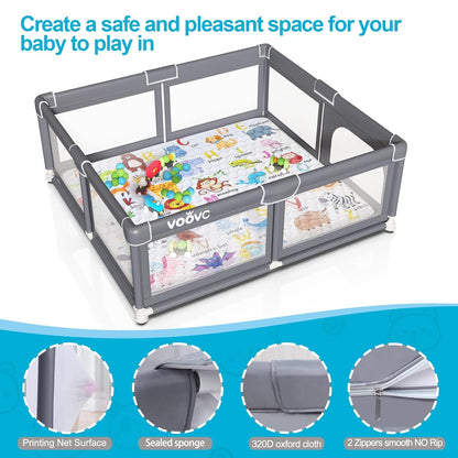 Premium Baby Playpen with Mat, 71x60 Inches Extra Large Playpen for Babies and Toddlers, Indoor & Outdoor Activity Center, Safety Baby Play Pen with Gate Prints