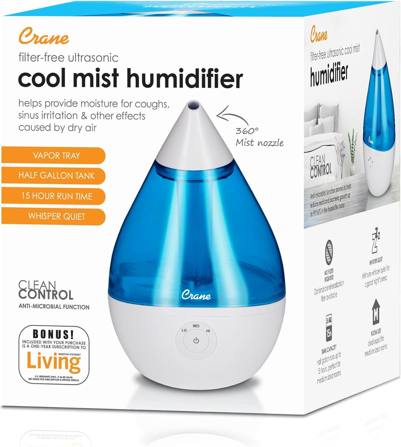 Crane Droplet Ultrasonic Small Air Humidifiers for Bedroom and Office, 0.5 Gallon Cool Mist Humidifier for Plants and Home, Humidifier Filters Optional, White