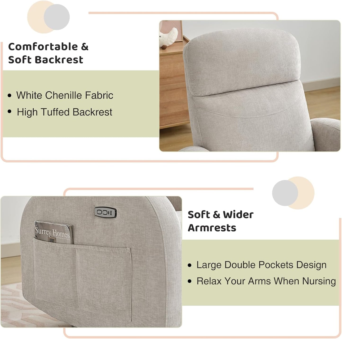 Nursery Glider Recliner, Power Swivel Rocking Recliner with USB & Type-C Port, Swivel Nursering Reclining Rocker with Double Pockets for Living Room, Camel Chenille