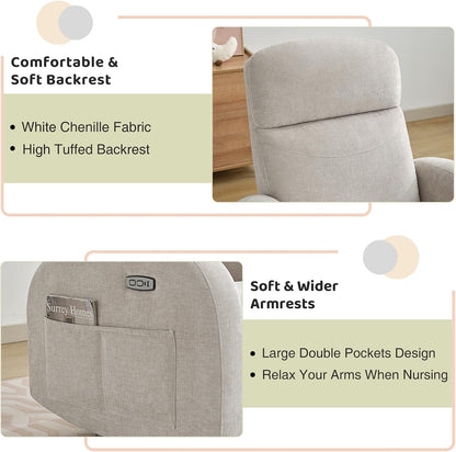 Nursery Glider Recliner, Power Swivel Rocking Recliner with USB & Type-C Port, Swivel Nursering Reclining Rocker with Double Pockets for Living Room, Camel Chenille