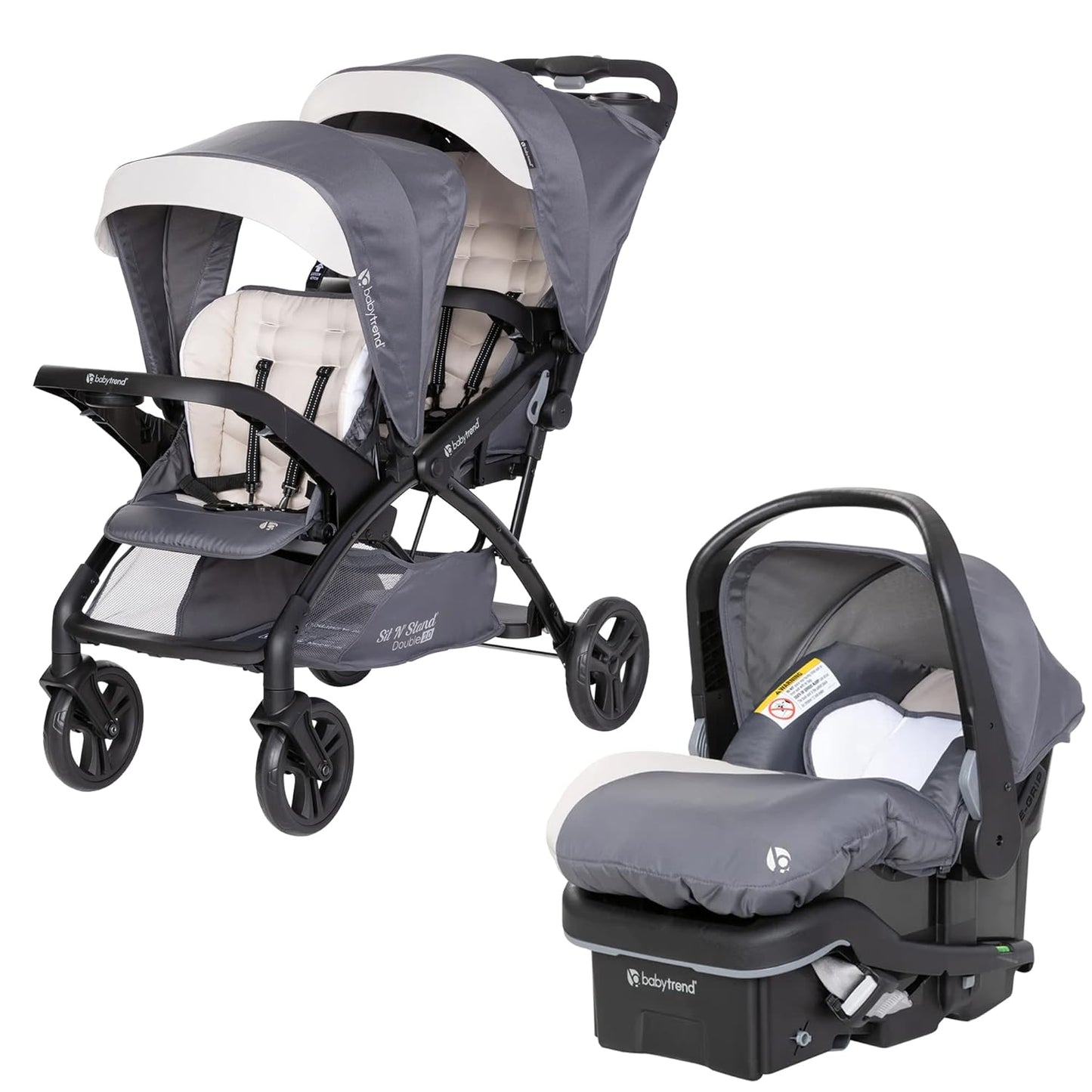 Baby Trend Sit N' Stand Tandem Double Stroller 2.0 DLX and EZ-Lift Plus Car Seat Set with 5 Point Safety Harnesses and Cozy Cover, Modern Khaki