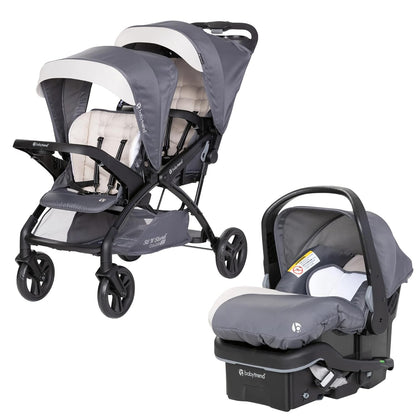 Baby Trend Sit N' Stand Tandem Double Stroller 2.0 DLX and EZ-Lift Plus Car Seat Set with 5 Point Safety Harnesses and Cozy Cover, Modern Khaki