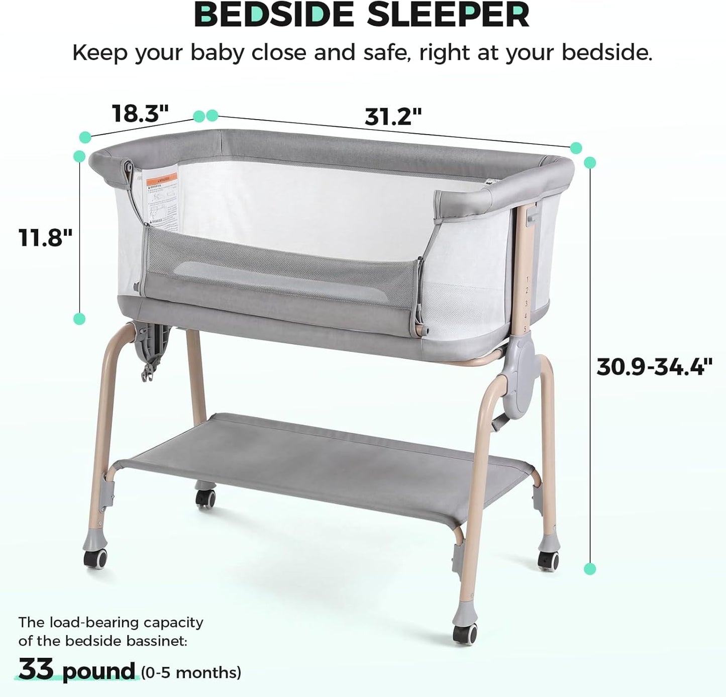 Cowiewie Bassinet Bedside Sleeper, Breathable Baby Bedside Bassinet and Mattress, Lightweight and Portable for Bedside Sleeping, Light Grey