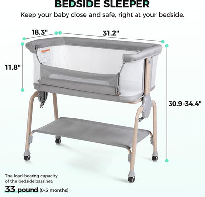 Cowiewie Bassinet Bedside Sleeper, Breathable Baby Bedside Bassinet and Mattress, Lightweight and Portable for Bedside Sleeping, Light Grey