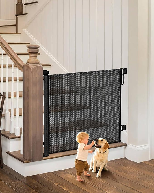 Extra Wide Baby Gate - 71 inch Retractable Mesh Gates for Large Opening, Extra Long Mesh Gate for Babies, Dogs, Baby Gate Anti-Crawling Hook for Stairs Hallways Doorway Indoor Outdoor, Black