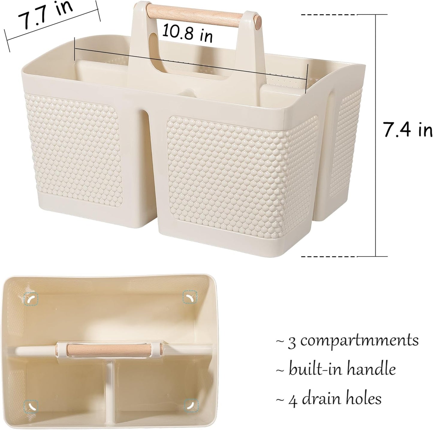 rejomiik Portable Shower Caddy Basket Plastic Cleaning Caddy Organizer Storage Tote with Handle for Bathroom, College, Dorm Room Essentials, White