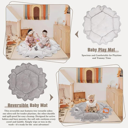 5-in-1 Plush Baby Play Gym, Activity Mat with Convertible Gym, Baby Gym 6 Sensory Toys, Play Center for Newborn to Toddler, Grey