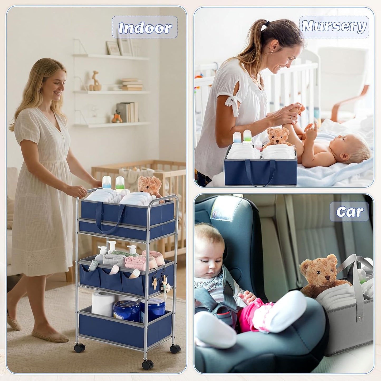 Honeydak 2in1 Baby Diaper Caddy Organizer Cart 3 Tier Large Capacity Metal Utility Bedside Rolling Cart with Divider Newborn Registry Nursery Essential Must Have Crib Bedroom Baby Shower(Green)