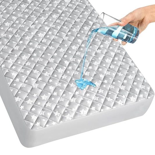 Crib Mattress Protector Waterproof, Quilted Crib Mattress Pad Cover 52" x 28", Extra Soft Breathable Toddler Bed Cover Stretch Up to 8", Grey Star