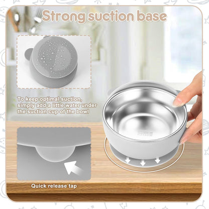 2 Pack Stainless Steel Baby Bowls with Suction, Toddler Bowls with Removable Silicone Shell for Kids, Non-Slip Toddler Baby Feeding Set Dishwasher Safe-Gray & Blue