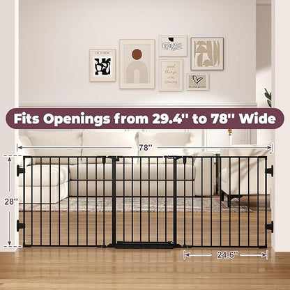 29.4-78" Extra Wide Baby Gate, Long Dog Gates Indoor for Doorways Stairs, Essential Large Safety Gate for Child Toddler with Anti-Trip Pedal, Adjustable Pet Gate, 28" Tall 3 Metal Panels Black