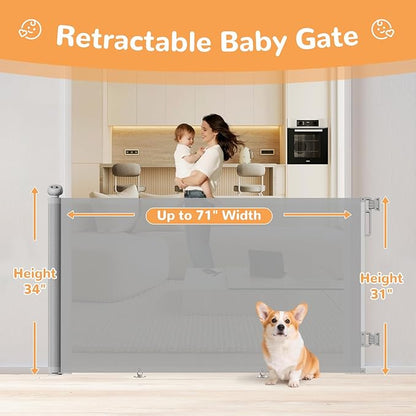 Retractable Mesh Baby Gate for Large Openings - 34" Tall Extends to 71", Stair Gate with Anti-Crawling Hook and Adjustable Baseboard Bracket, Baby Gate for Stairs, Doorways, Gray