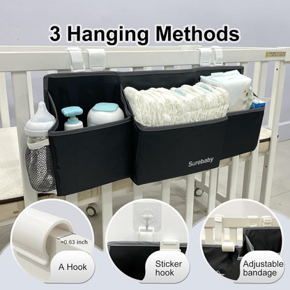 Hanging Baby Diaper Caddy, 3-in-1 Diaper Caddy Organizer Holder For Baby Crib, Nursery Organization Diaper Stacker Storage For Crib, Changing Table-Grey