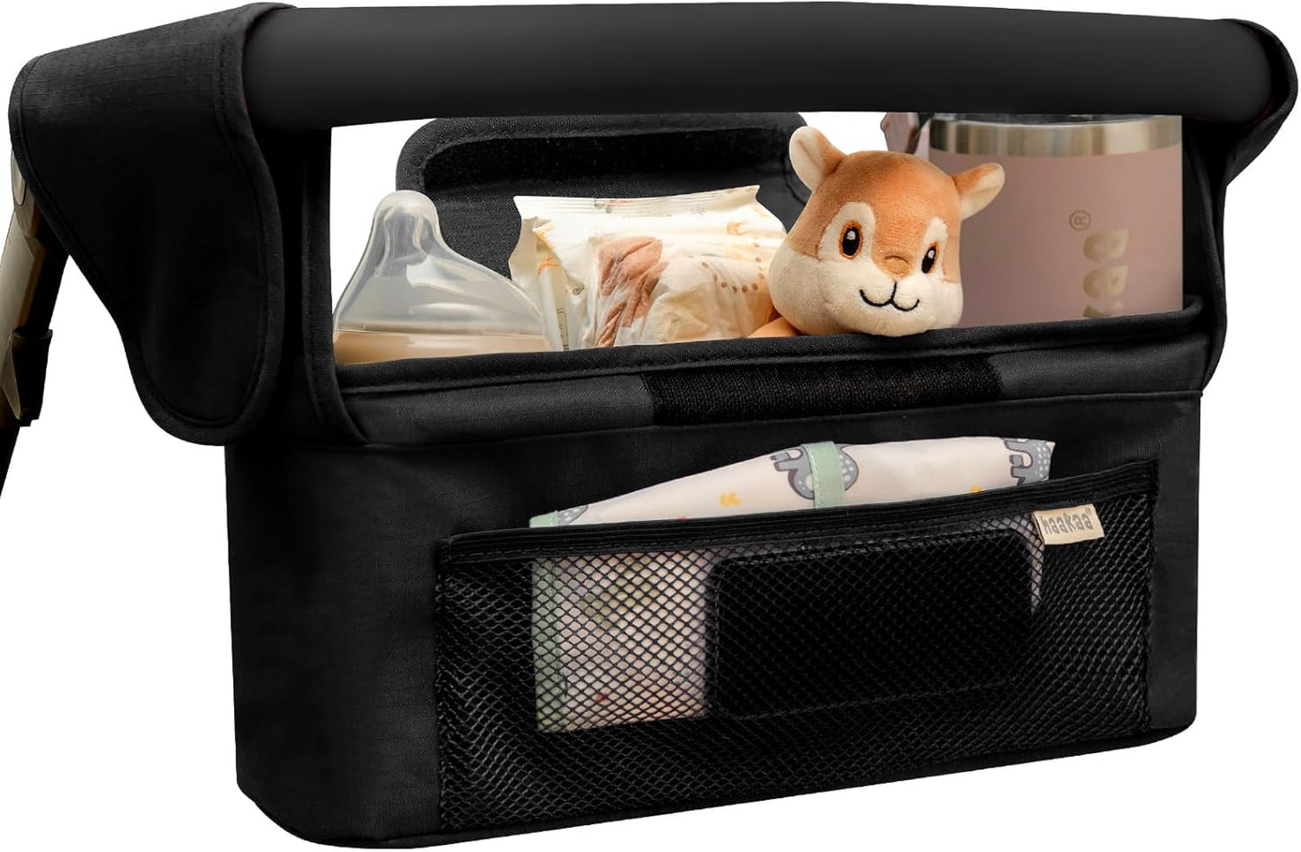 haakaa Universal Stroller Organizer - Black, Single Cup Holder, Stroller Caddy Accessories with Shoulder Strap & Extra Non-Slip Stroller Hook, Fits Most Strollers