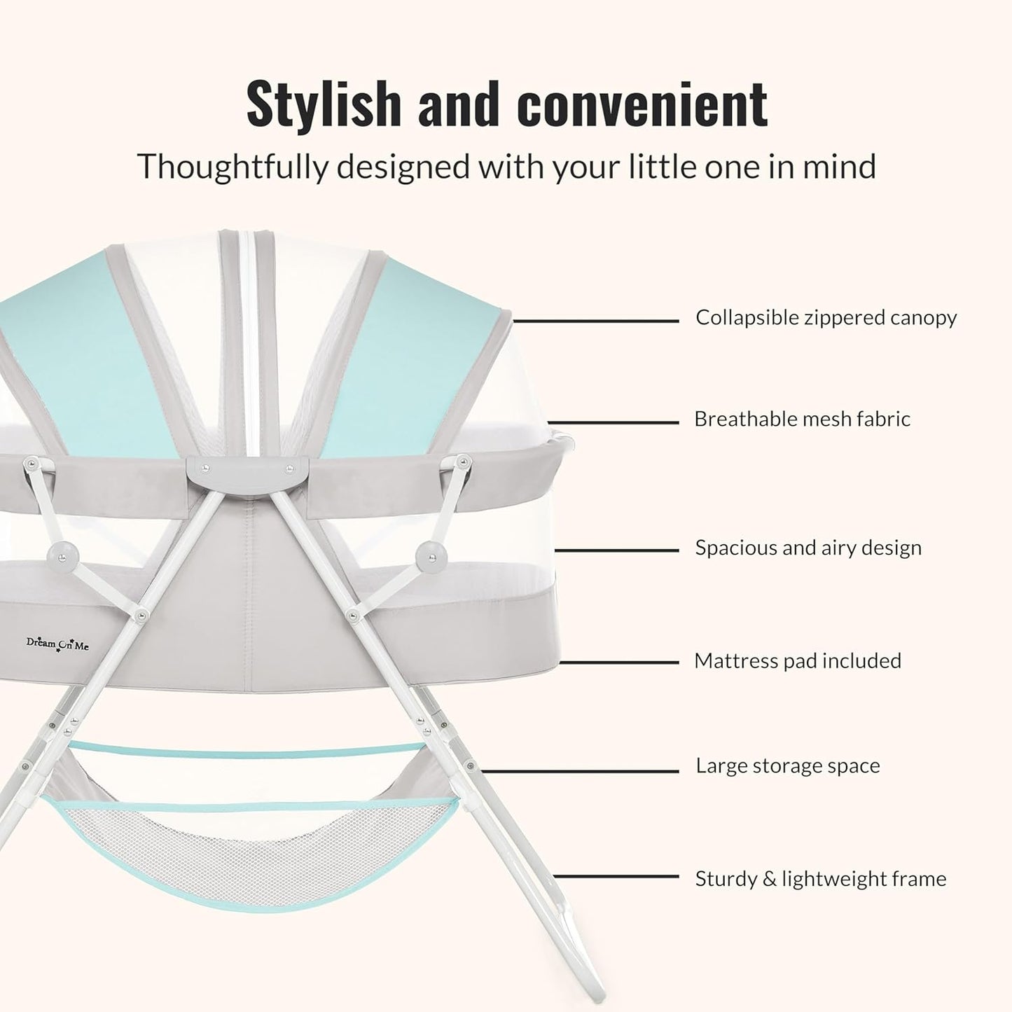 Dream On Me Karley Bassinet, Award Winner Lightweight Travel Baby Bassinet, Foldable Bedside Sleeper, Adjustable Double Canopy, Spacious Design, Soft Fabric, Storage Basket – Blue and Grey