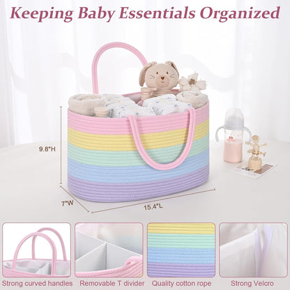 19L Baby Diaper Caddy Organizer, 16.8"x9.8"x9" Cotton Rope Diaper Basket, Changing Table Storage Caddy With Removable Divider, Baby Basket for Nursery, Car, Diapers, Baby Shower Gifts for Newborn