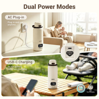 Portable Bottle Warmer for Travel,Typ-C&AC Dual Power Mode with Built-in Sterilizer,Baby Milk Warmer On The Go and 120W Fast Heating Breastmilk,Formula,Water,3” Wide Mouth&17oz Large Capacity