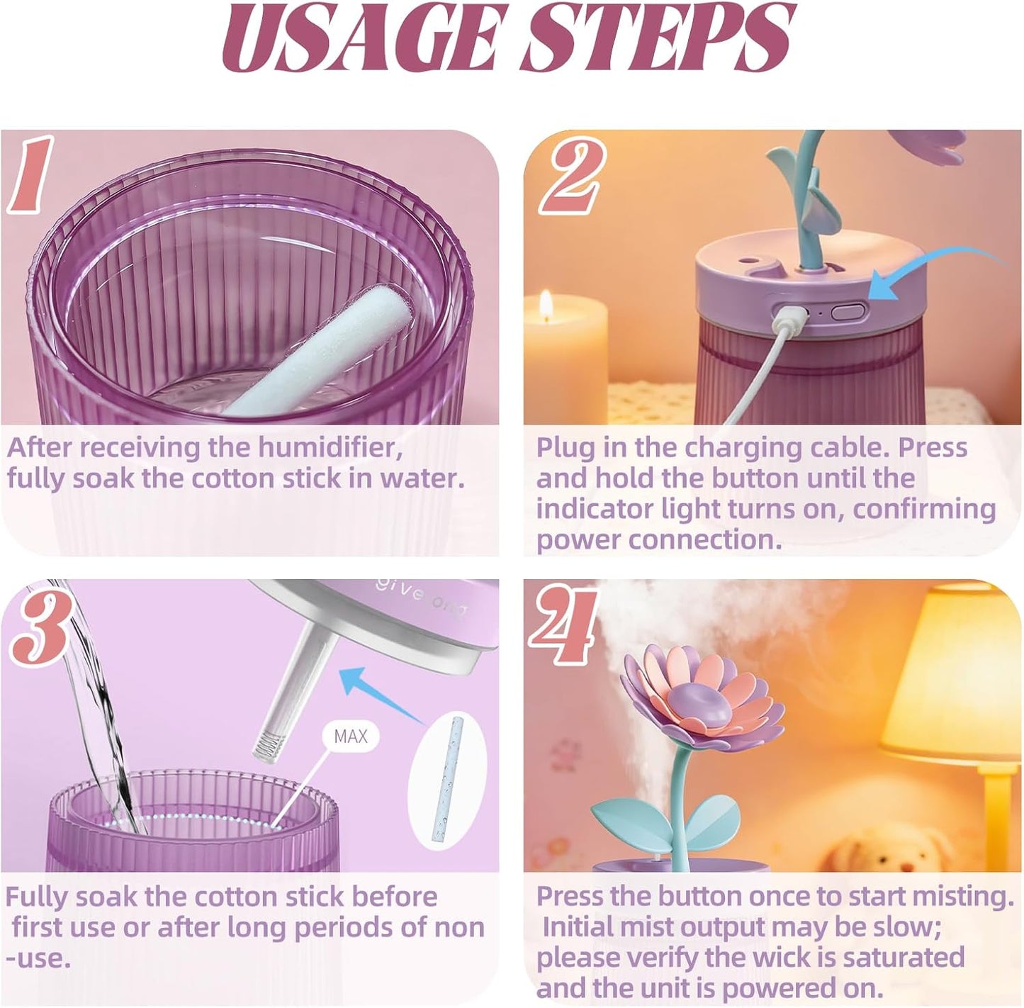 Cute Mini Humidifier 320mL Cool Mist Humidifie mute with 2 Mist Modes,for Home/Nursery/Office,Portable Mini Air Moisturizer,rechargeable mini humidifier(Gardenia pink)
