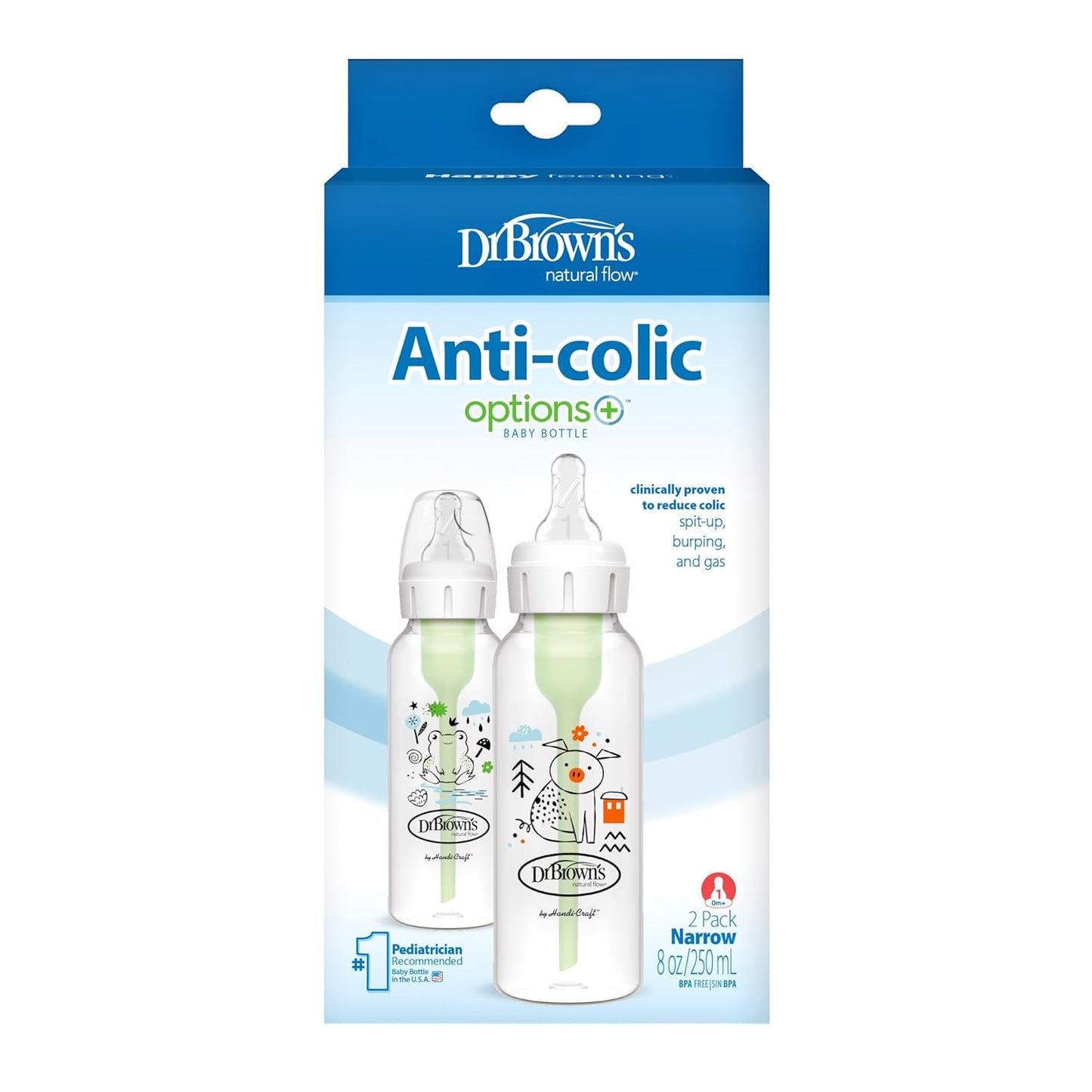 Dr. Brown's Natural Flow Anti-Colic Options+ Narrow Baby Bottle, Frog and Pig, 8 oz/250 mL, with Level 1 Slow Flow Nipple, BPA-Free, 0m+, 2-Pack