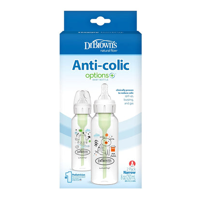 Dr. Brown's Natural Flow Anti-Colic Options+ Narrow Baby Bottle, Frog and Pig, 8 oz/250 mL, with Level 1 Slow Flow Nipple, BPA-Free, 0m+, 2-Pack