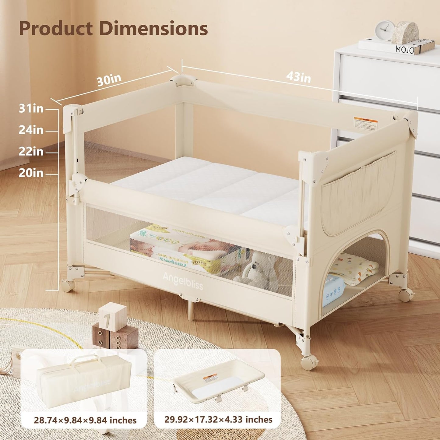 ANGELBLISS Baby Bassinet Bedside Crib, Pack and Play with Mattress, Diaper Changer, One-Push Setup Playards from Infants to Toddlers (Balck)