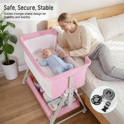 Cowiewie Bassinet Bedside Sleeper,3-in-1 Baby Bassinet with Mattress & Wheels,Easy Folding Portable Bedside Bassinet for Baby with Storage & Travel Bag,Breathable Mesh,Stable & Secure,Beige