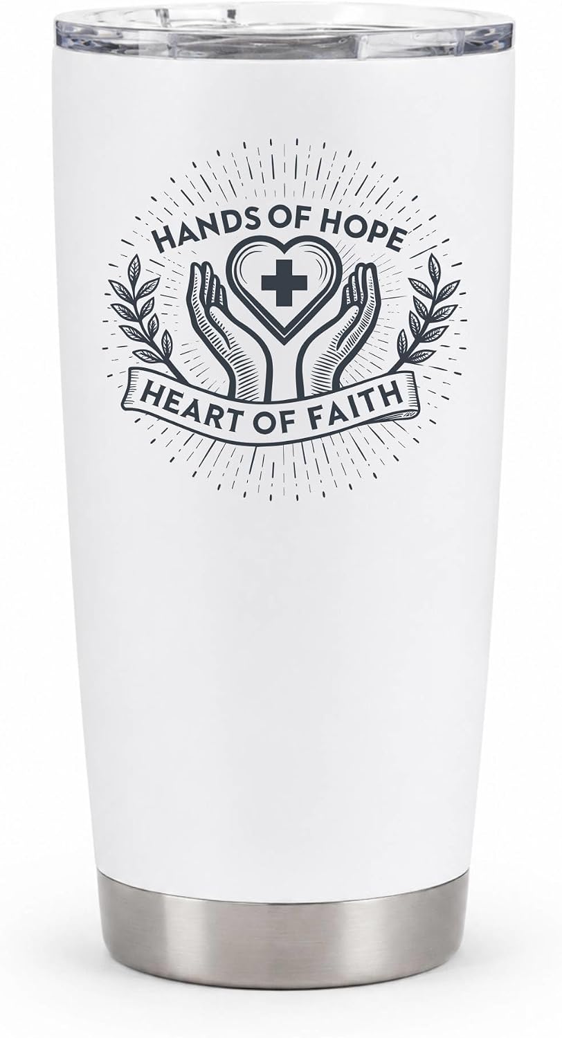 Hands of Hope Heart of Faith 20oz White Tumbler | Sympathetic Graphic Art Connecting Clinical Dedication with a Core Sense of Spiritual Purpose