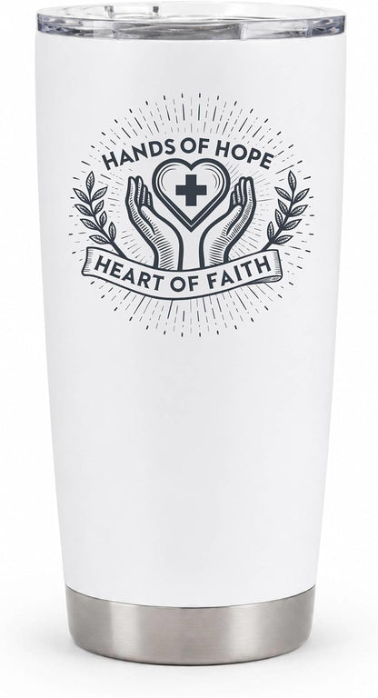 Hands of Hope Heart of Faith 20oz White Tumbler | Sympathetic Graphic Art Connecting Clinical Dedication with a Core Sense of Spiritual Purpose