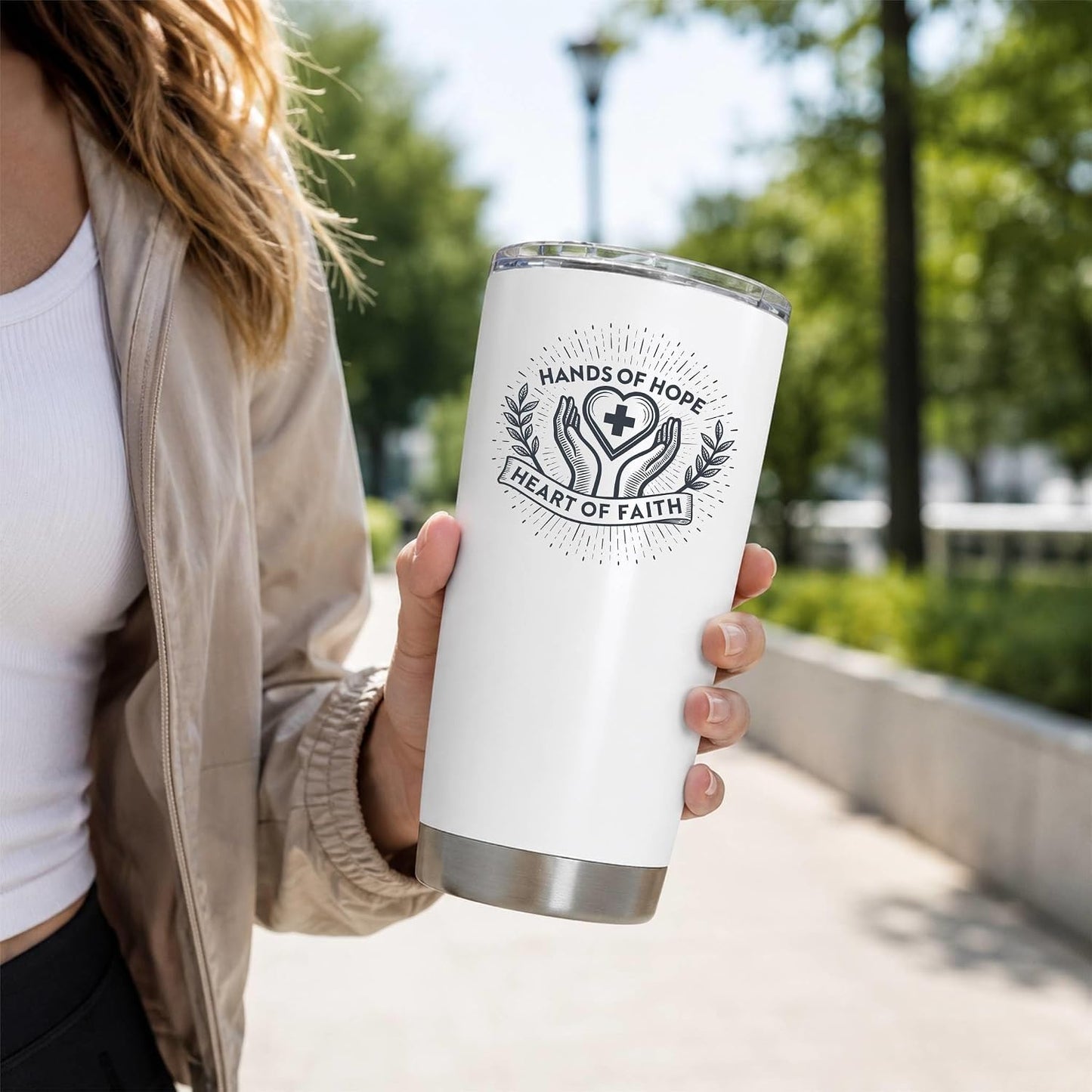 Hands of Hope Heart of Faith 20oz White Tumbler | Sympathetic Graphic Art Connecting Clinical Dedication with a Core Sense of Spiritual Purpose