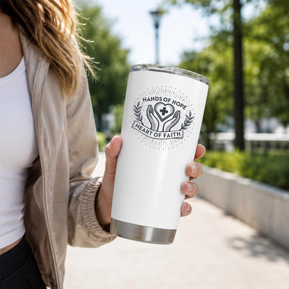Hands of Hope Heart of Faith 20oz White Tumbler | Sympathetic Graphic Art Connecting Clinical Dedication with a Core Sense of Spiritual Purpose