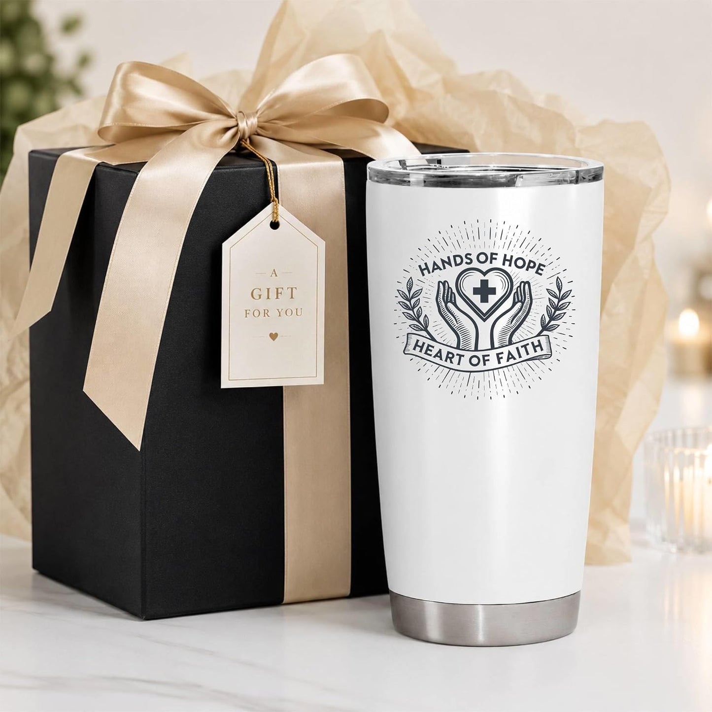 Hands of Hope Heart of Faith 20oz White Tumbler | Sympathetic Graphic Art Connecting Clinical Dedication with a Core Sense of Spiritual Purpose