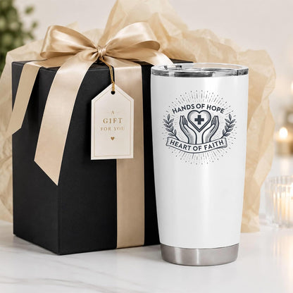 Hands of Hope Heart of Faith 20oz White Tumbler | Sympathetic Graphic Art Connecting Clinical Dedication with a Core Sense of Spiritual Purpose