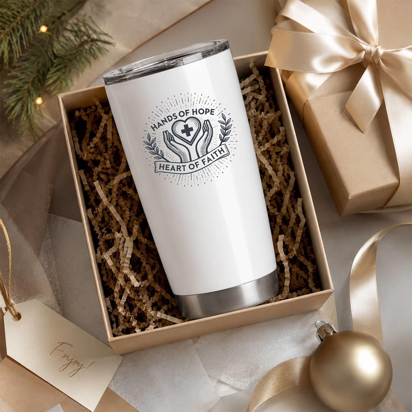 Hands of Hope Heart of Faith 20oz White Tumbler | Sympathetic Graphic Art Connecting Clinical Dedication with a Core Sense of Spiritual Purpose