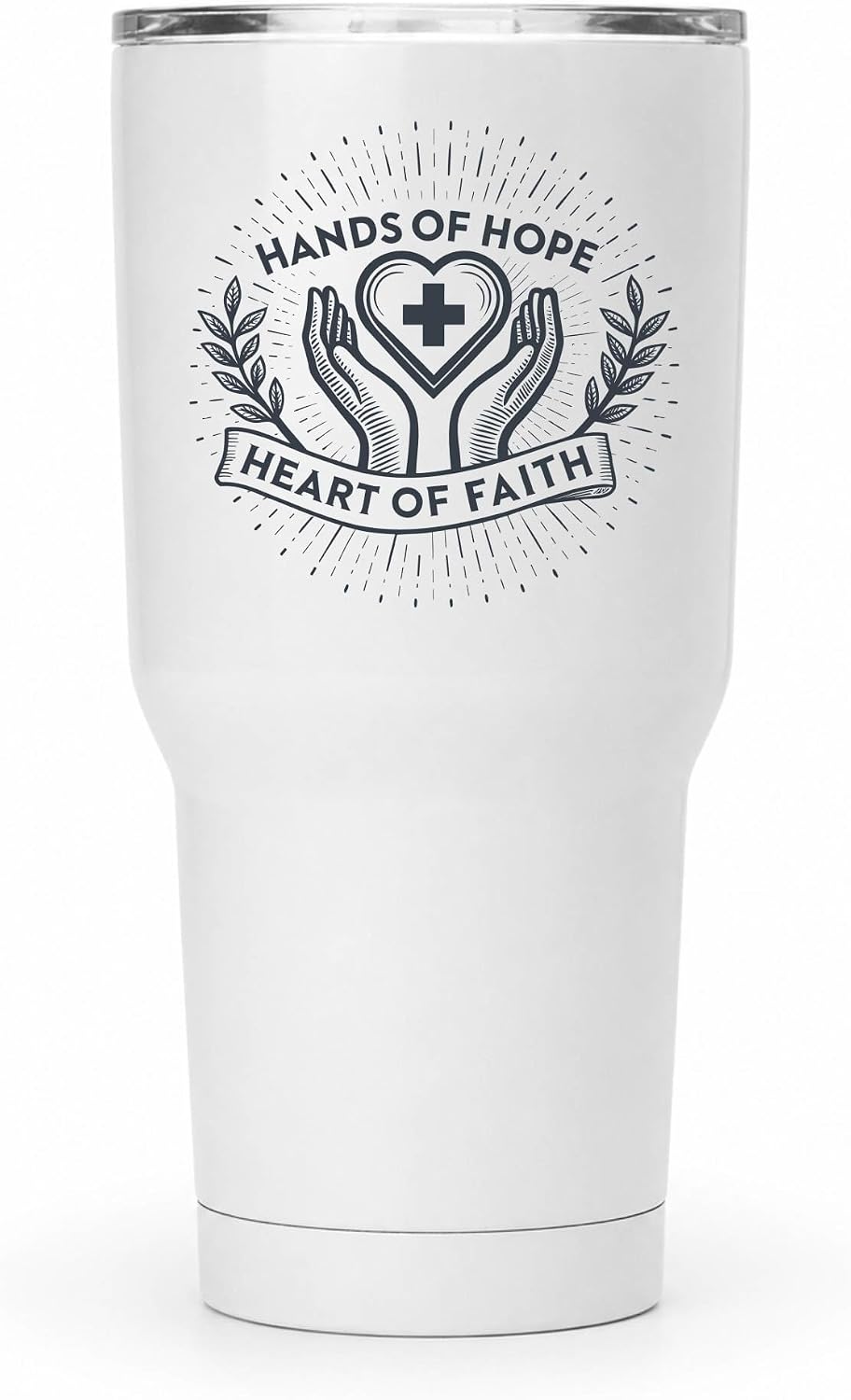 Hands of Hope Heart of Faith 20oz White Tumbler | Sympathetic Graphic Art Connecting Clinical Dedication with a Core Sense of Spiritual Purpose
