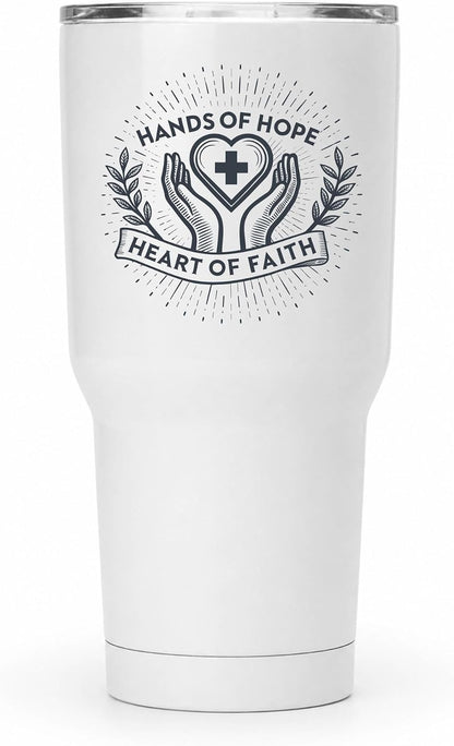 Hands of Hope Heart of Faith 20oz White Tumbler | Sympathetic Graphic Art Connecting Clinical Dedication with a Core Sense of Spiritual Purpose