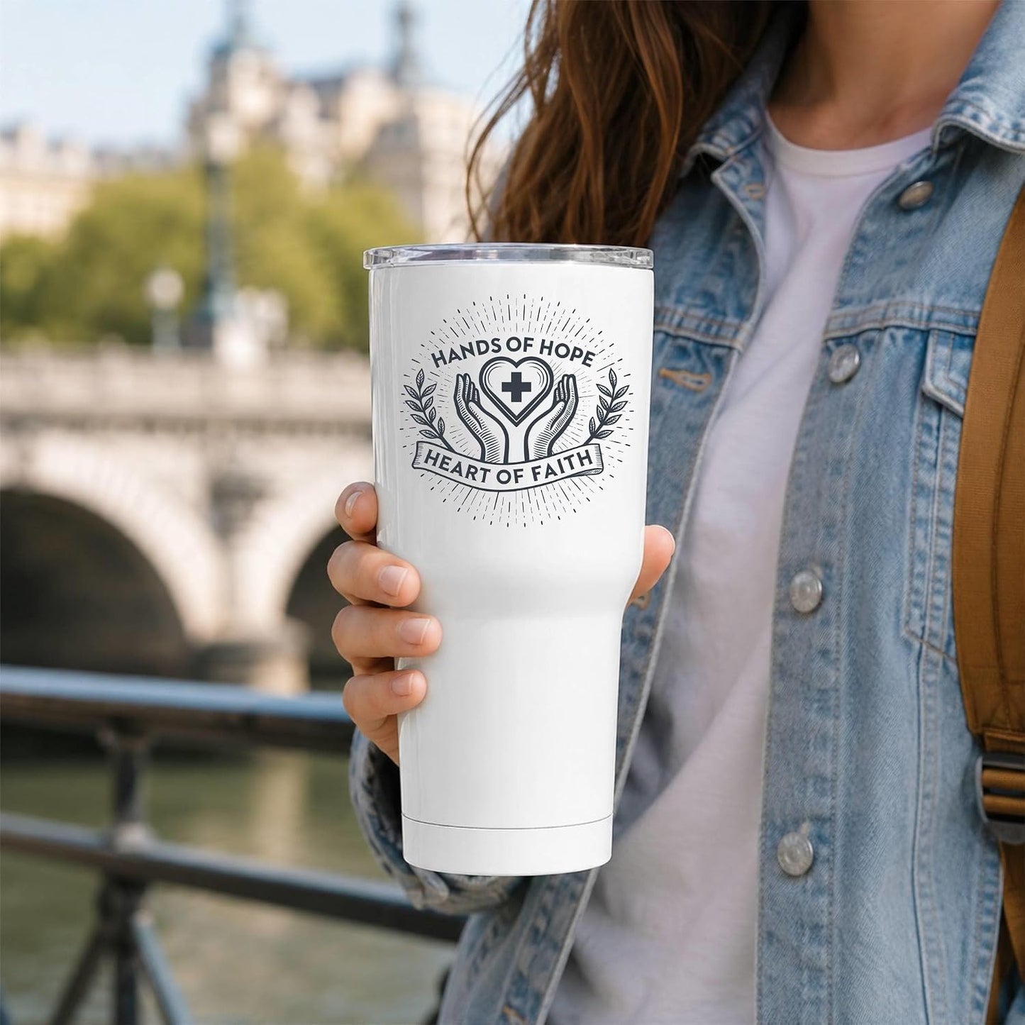 Hands of Hope Heart of Faith 20oz White Tumbler | Sympathetic Graphic Art Connecting Clinical Dedication with a Core Sense of Spiritual Purpose