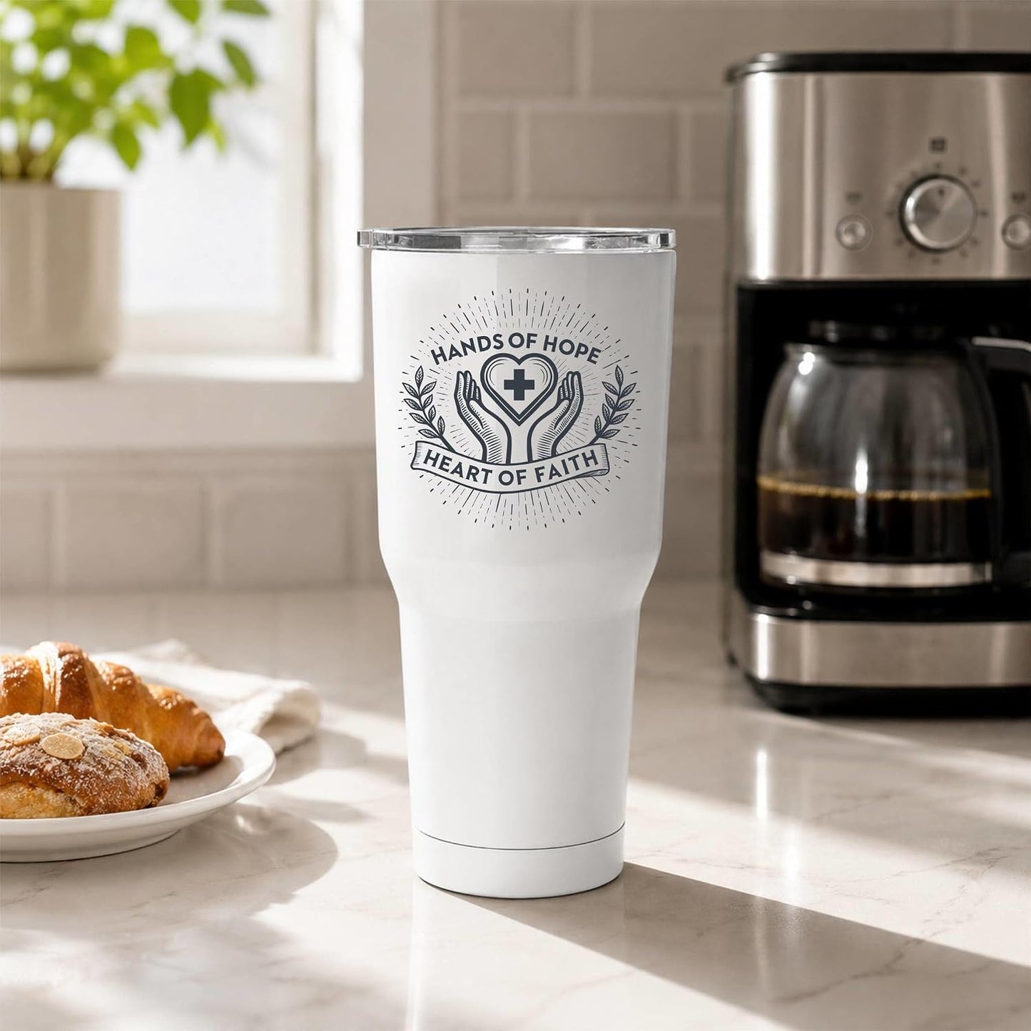 Hands of Hope Heart of Faith 20oz White Tumbler | Sympathetic Graphic Art Connecting Clinical Dedication with a Core Sense of Spiritual Purpose