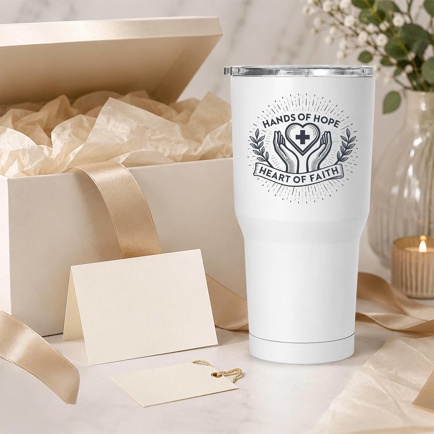 Hands of Hope Heart of Faith 20oz White Tumbler | Sympathetic Graphic Art Connecting Clinical Dedication with a Core Sense of Spiritual Purpose