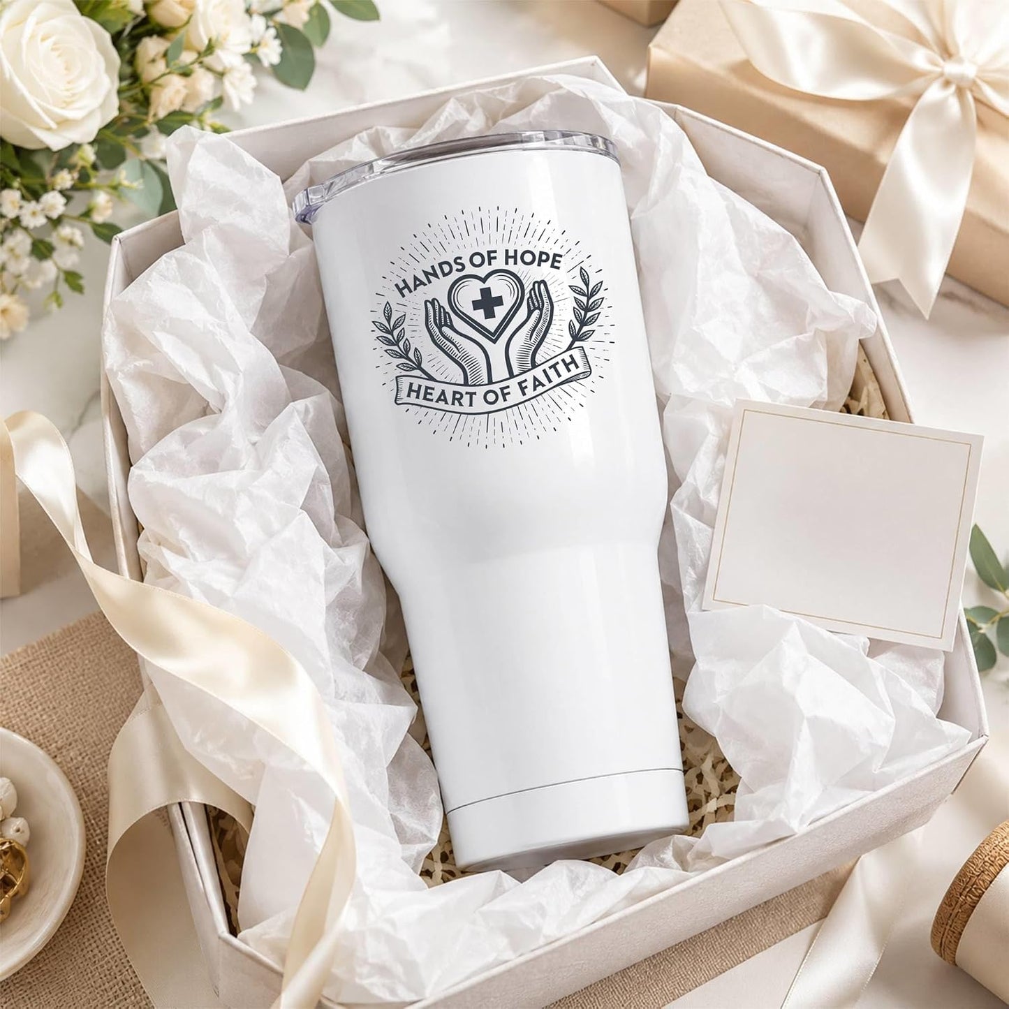 Hands of Hope Heart of Faith 20oz White Tumbler | Sympathetic Graphic Art Connecting Clinical Dedication with a Core Sense of Spiritual Purpose