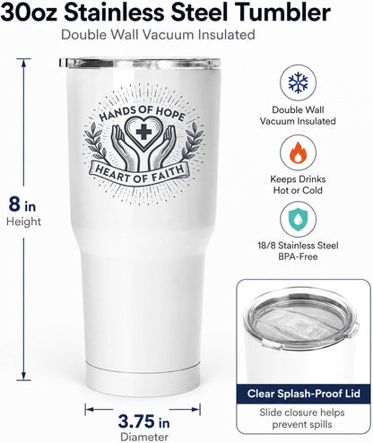 Hands of Hope Heart of Faith 20oz White Tumbler | Sympathetic Graphic Art Connecting Clinical Dedication with a Core Sense of Spiritual Purpose